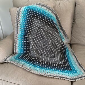 Lap/baby blanket blue, grey. Handcrafted 32”x32” easy care.